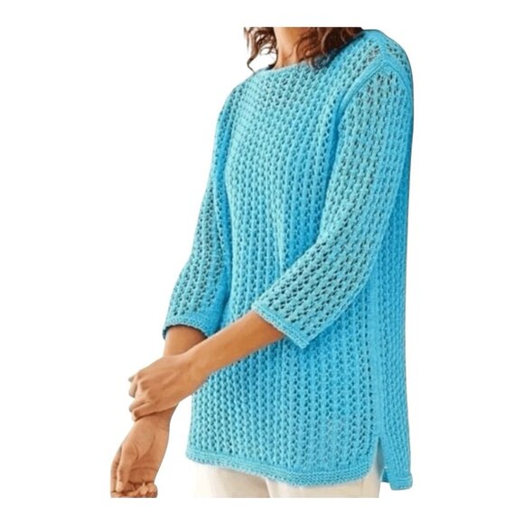 J. Jill Turquoise Open Stitch Knit Aegean Small Pullover 3/4 Sleeve Sweater NWT - Picture 1 of 10